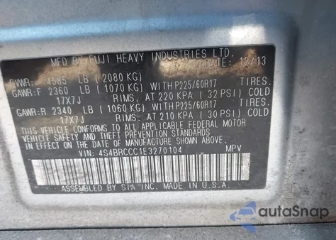 2014 Subaru Outback 2.5I Premium z USA, uszkodzony, nr VIN 4S4BRCCC1E3270104